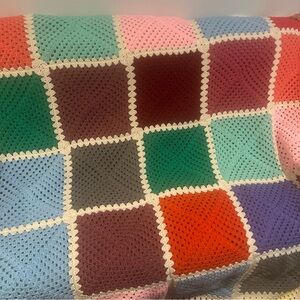 Handmade Blanket Colorful Needlepoint Crochet Granny Roseanne Xl  grandma chic